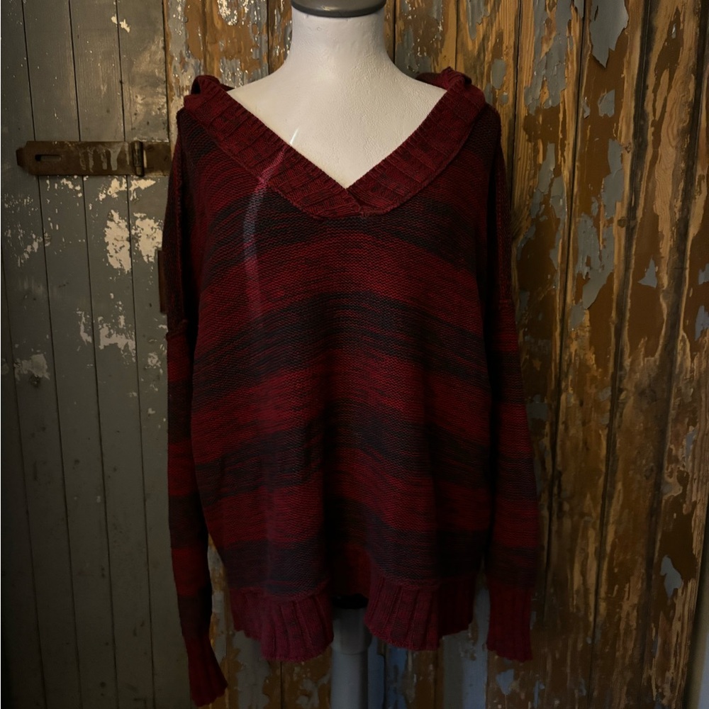 red and grey knit pullover